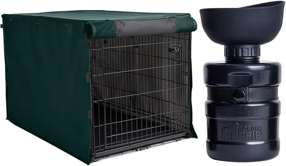 Gorilla Grip Dog Crate Cover, Hunter Green 48 Inch and Dog Water Bottle, 12 oz Black, 2 Item Bundle