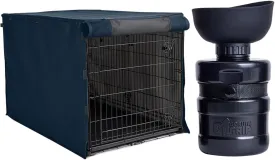 Gorilla Grip Dog Crate Cover, Navy Blue 48 Inch and Dog Water Bottle, 12 oz Black, 2 Item Bundle