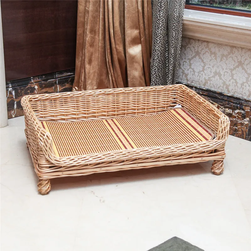 Handcrafted Wicker Outdoor Indoor Pet Bed with Paw-Print Cushion