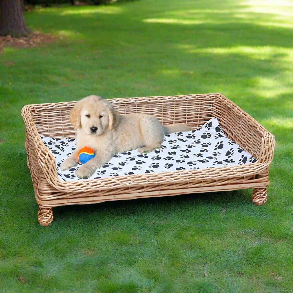 Handcrafted Wicker Outdoor Indoor Pet Bed with Paw-Print Cushion