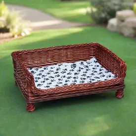 Handcrafted Wicker Outdoor Indoor Pet Bed with Paw-Print Cushion