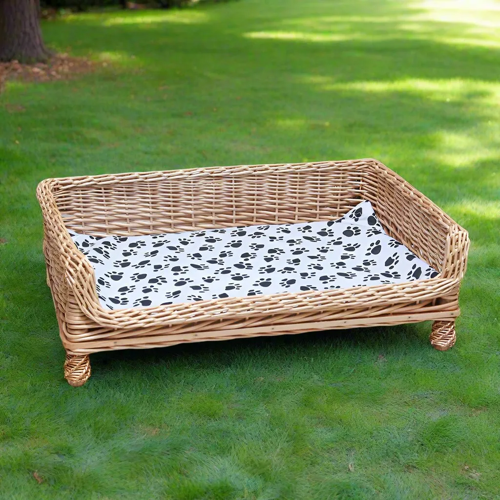 Handcrafted Wicker Outdoor Indoor Pet Bed with Paw-Print Cushion