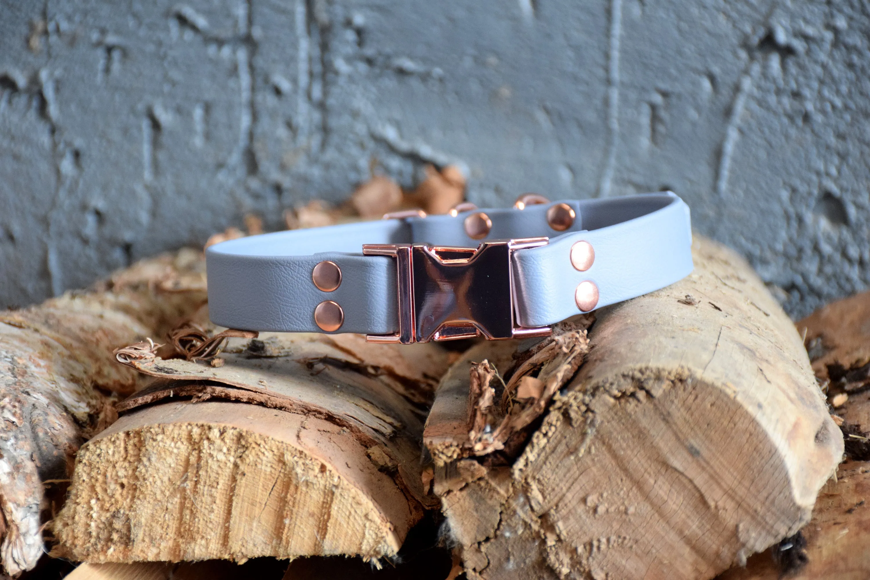 HARDWARE RETIREMENT SALE - Grey & Rose Gold Biothane Dog Collar