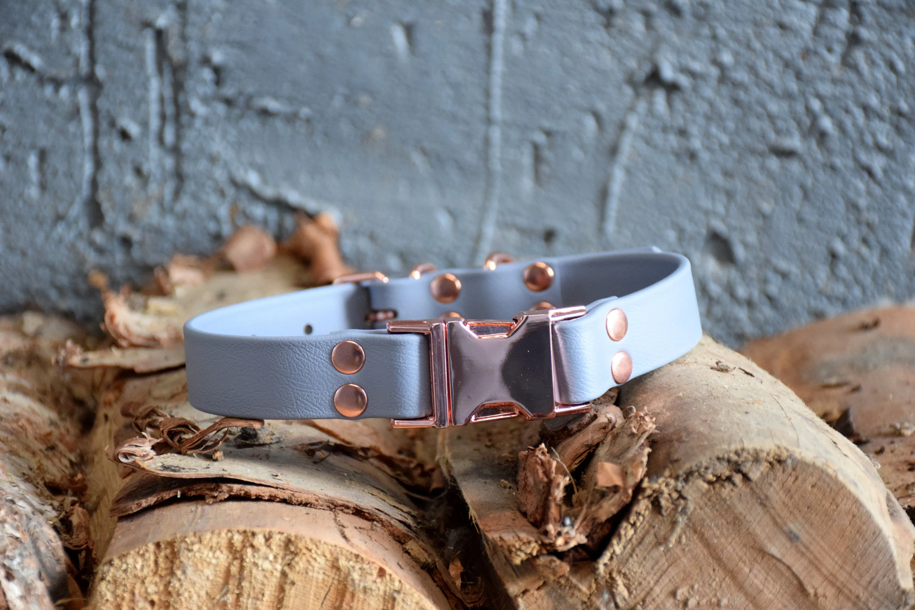 HARDWARE RETIREMENT SALE - Grey & Rose Gold Biothane Dog Collar