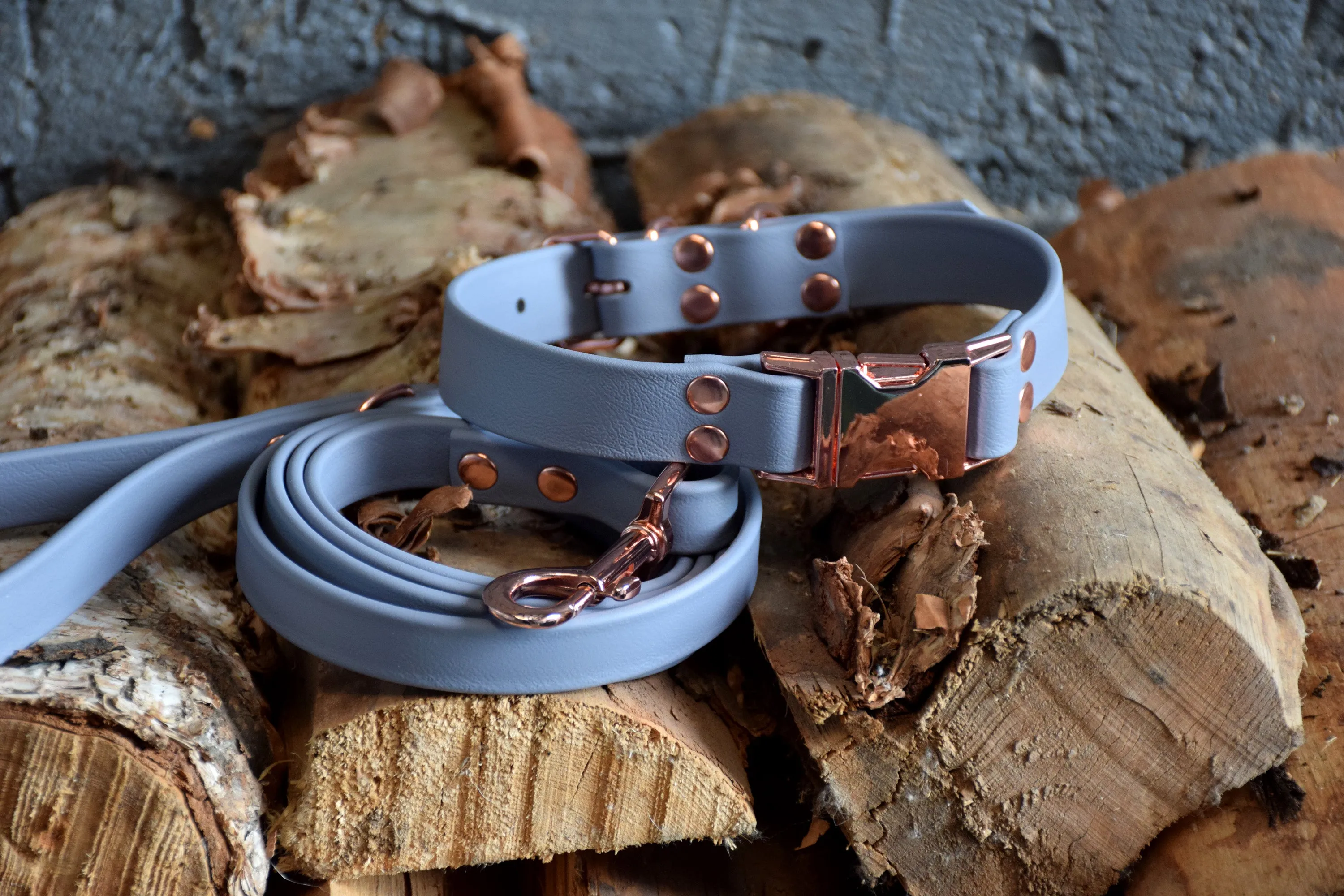 HARDWARE RETIREMENT SALE - Grey & Rose Gold Biothane Dog Collar