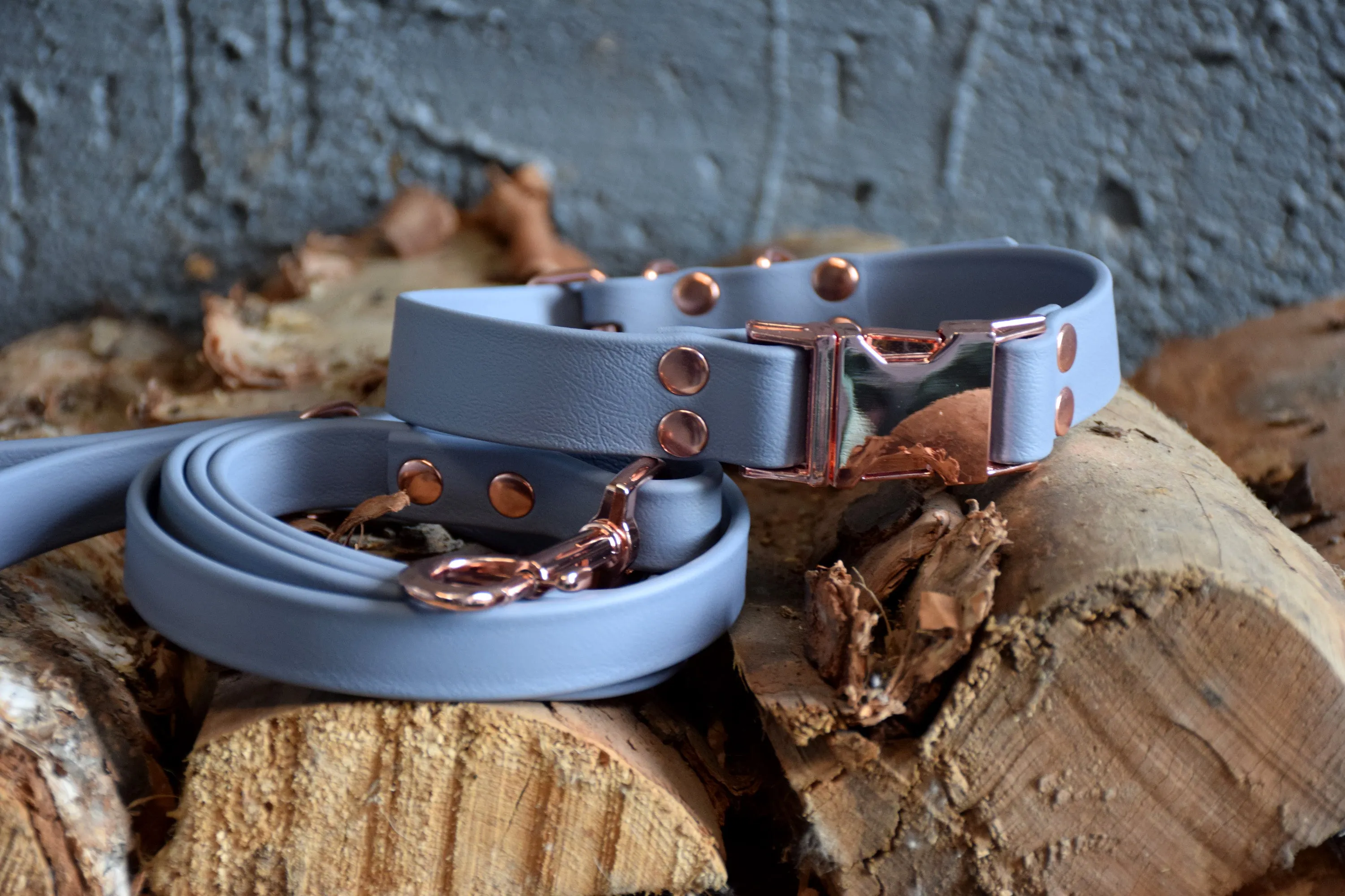 HARDWARE RETIREMENT SALE - Grey & Rose Gold Biothane Dog Collar