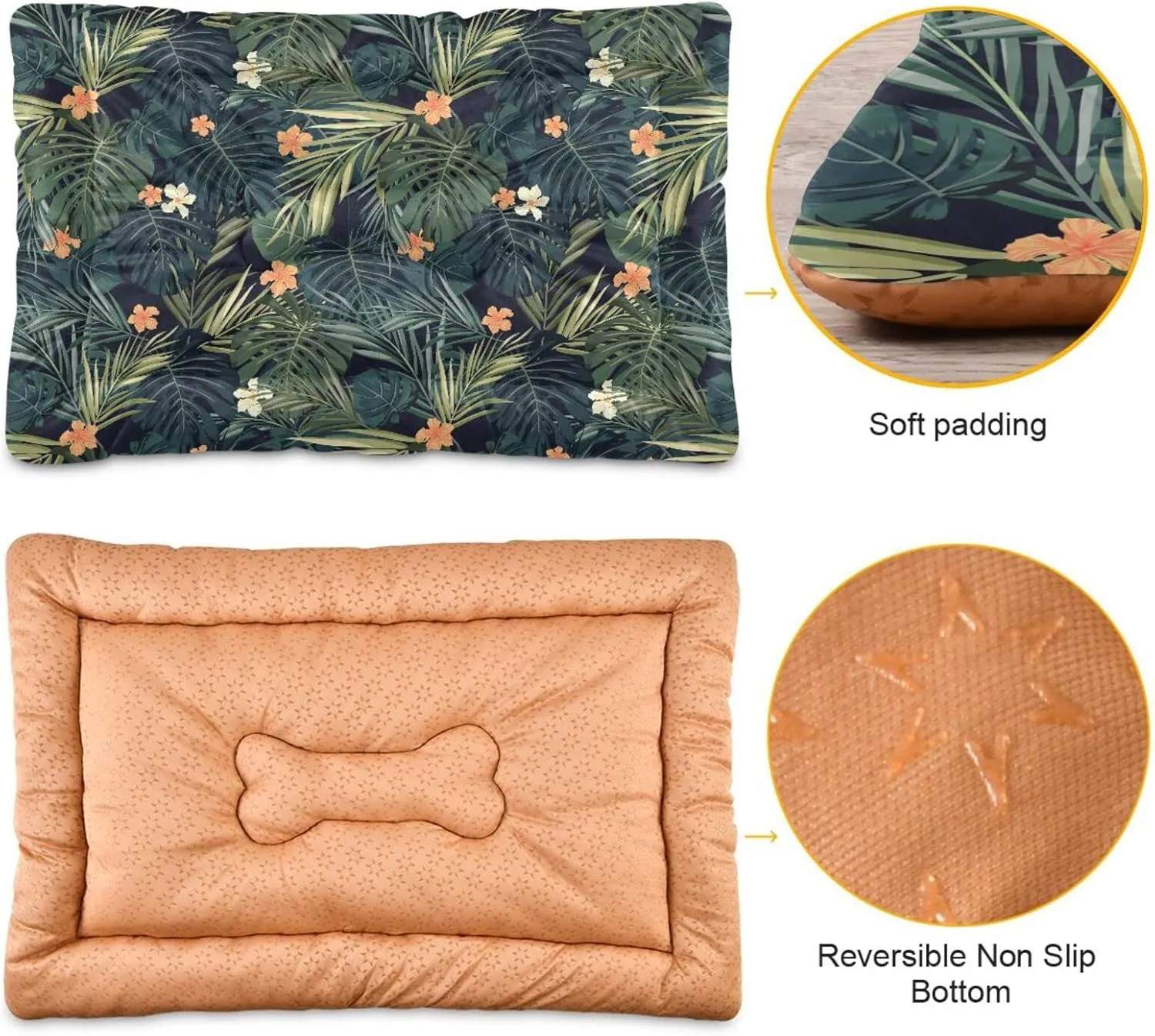 Hawaiian Tropical Hibiscus Dog Bed Cat Bed Soft Washable Pet Crate Mat Non Slip Comfortable Dog Kennel Crate Mat for Indoor Small Medium Large Dogs, 24 x 36 Inch