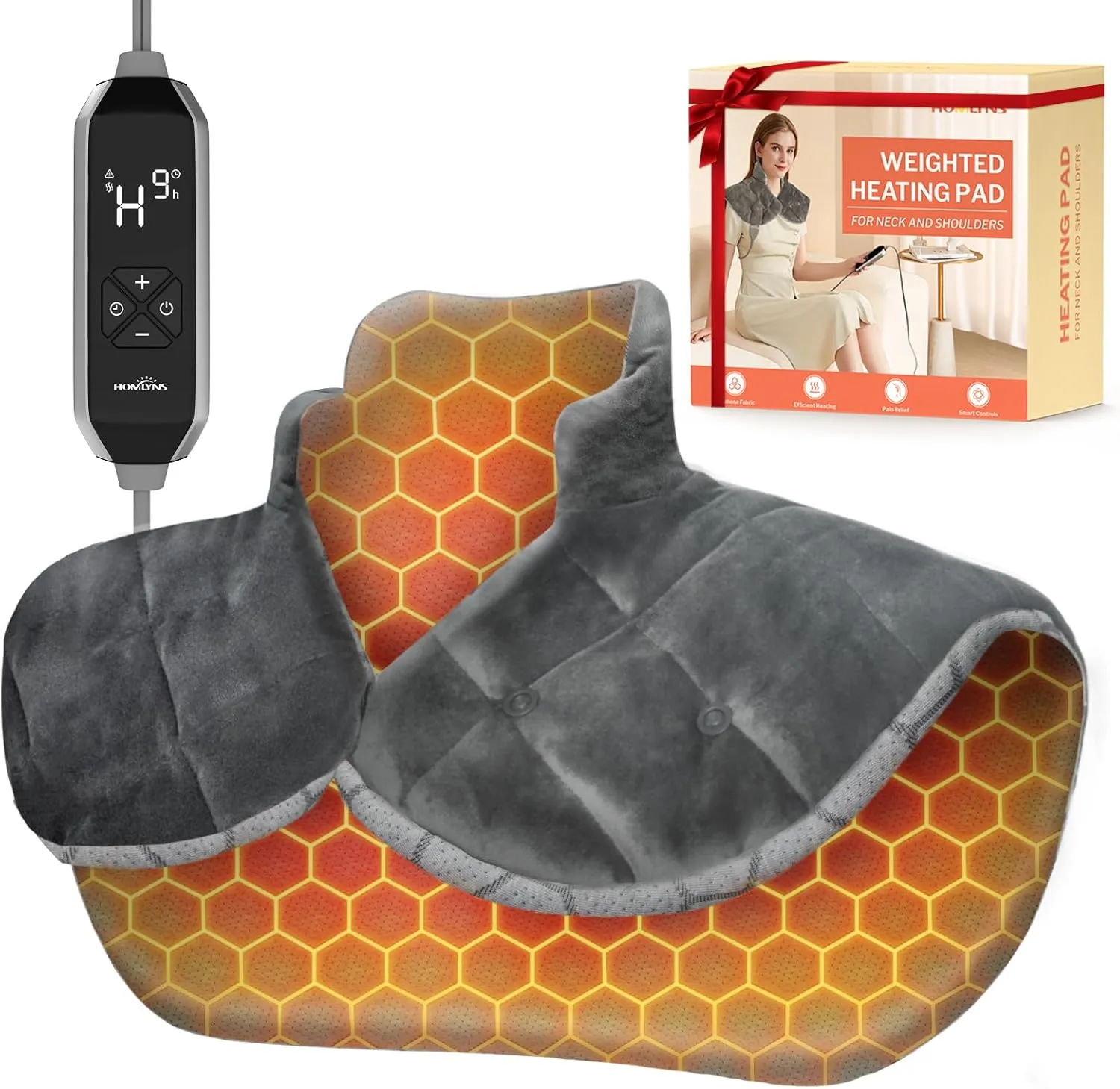 HOMLYNS Graphene Heating Pad for Neck and Shoulders, Birthday Gifts for Her Him Women Mom Wife Men Dad, 2.2lb Weighted Neck Heating Pad for Back Pain Relief, 10 Heat Levels & 4 Timer Settings