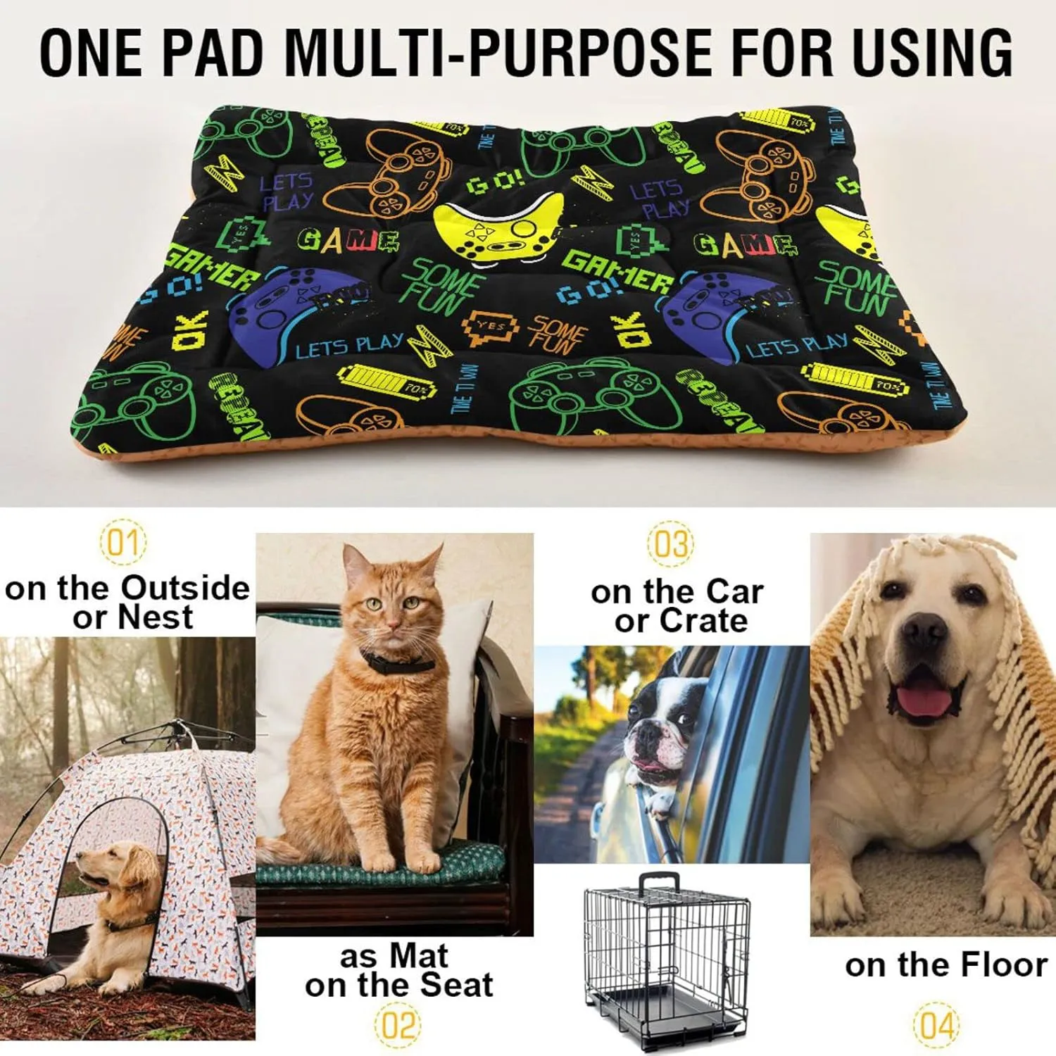 Joysticks Video Game Dog Bed Cat BES Soft Washable Pet Crate Mat Non Slip Comfortable Puppy Kennel Bed for Indoor Small Medium Large Dogs Cats, 24 x 36 Inch