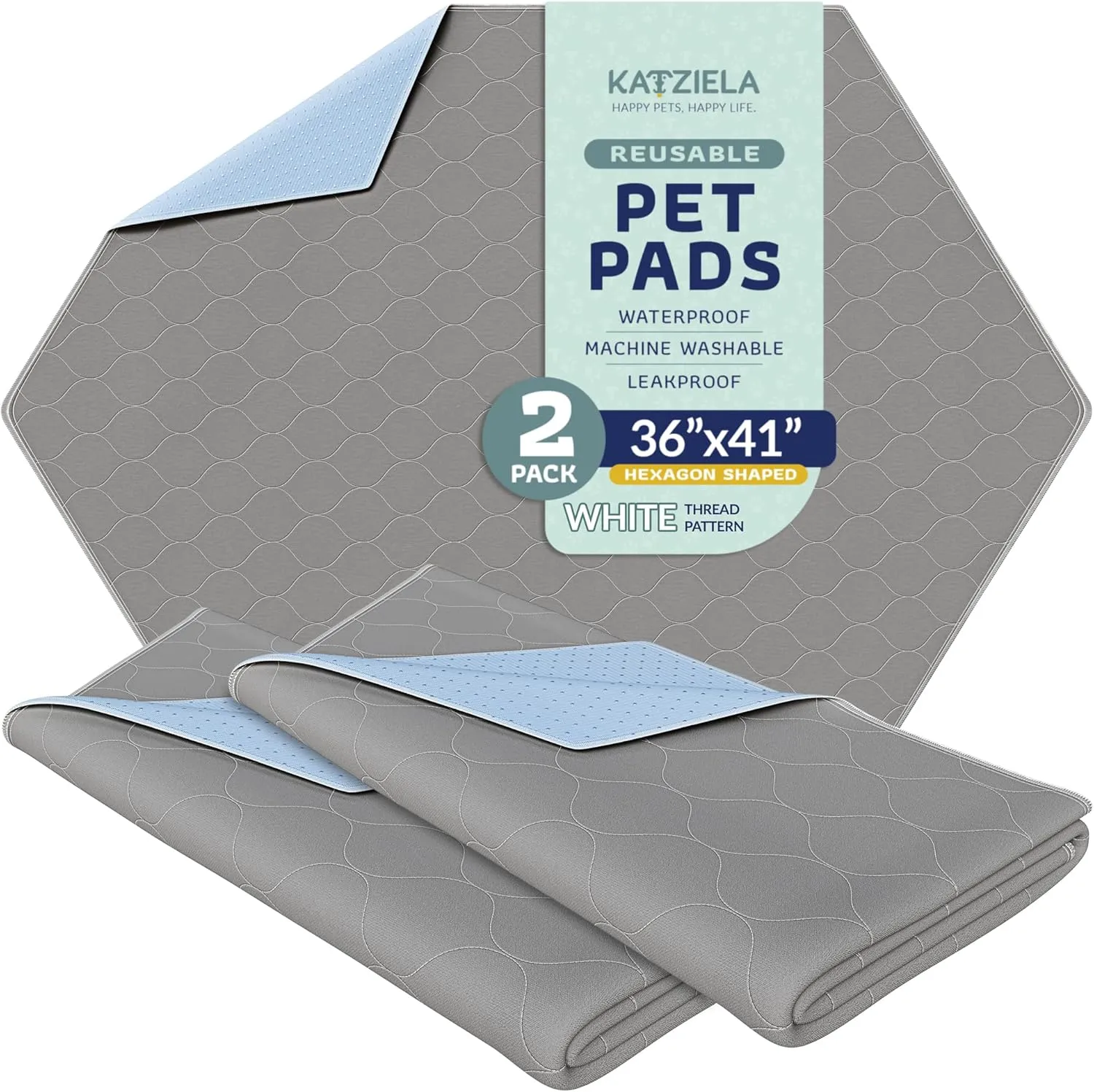 Katziela Washable Pet Pads - (2 Pack 36In x 41In Hexagon) Super Absorbent Waterproof Reusable Dog Pee Pads for Dogs, Washable Puppy Pads for Potty Training, Housebreaking Washable Pee Pads for Dogs