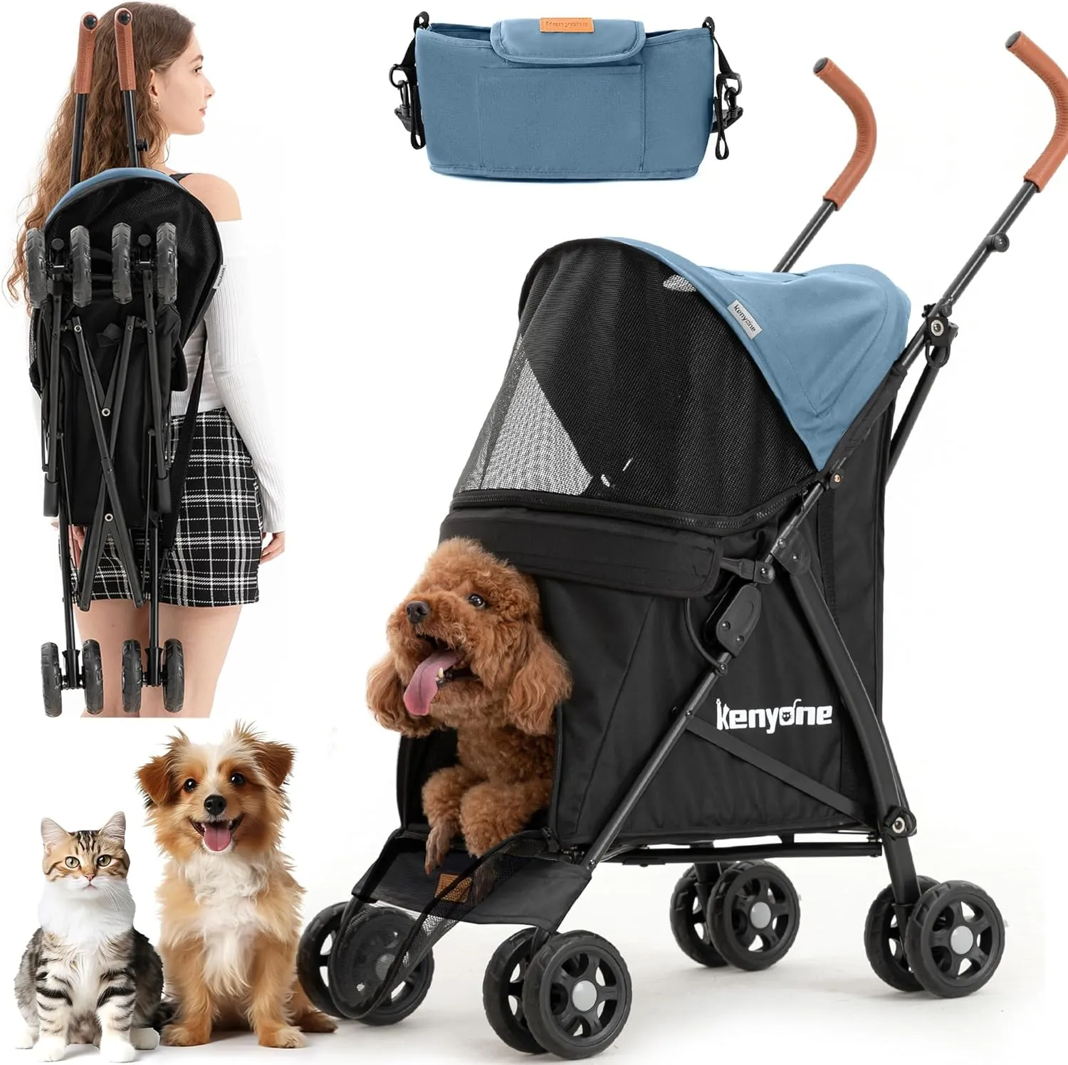 Kenyone Premium Portable Compact Travel Pet Stroller for Small and Medium Dogs, Cats, Puppies - Blue
