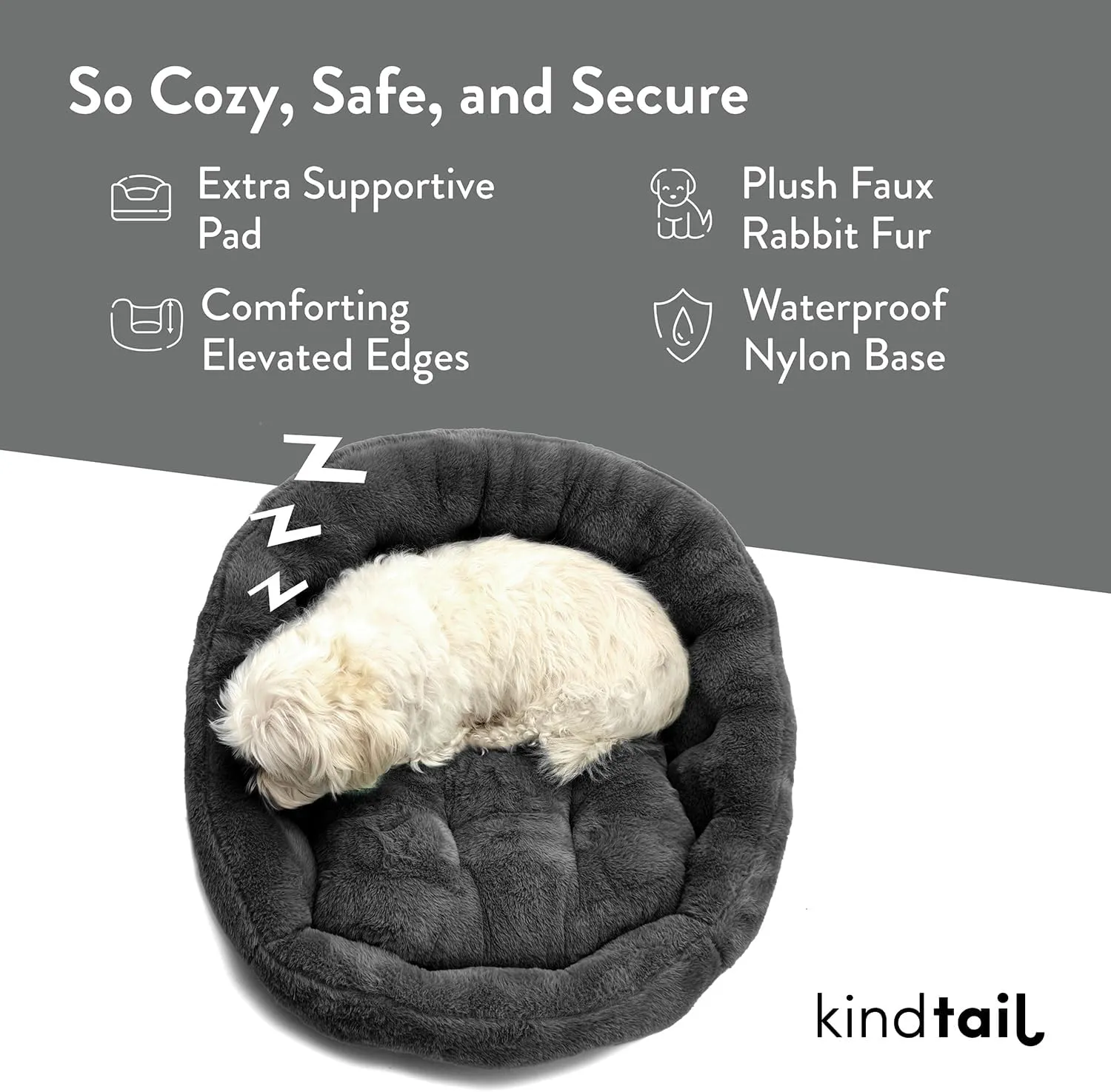 KindTail Medium Orthopedic Dog and Cat Bed - Faux Fur Luxury Cuddler for Pets Under 25lbs, Comfortable Waterproof Material with Nylon Base - 25" x 21" x 12" (Light Grey, Medium)
