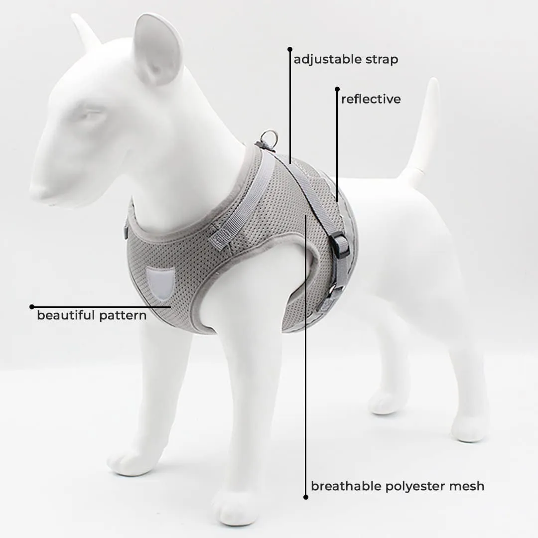 Kuber Industries Reflective Dog Harness with Adjustable Leash|Breathable Polyester Mesh Fabric |Large Size|HT-844|Comfortable No-Pull Grip|Quick Release Buckles|Easy On-Off Harness|Grey (Pack of 3)