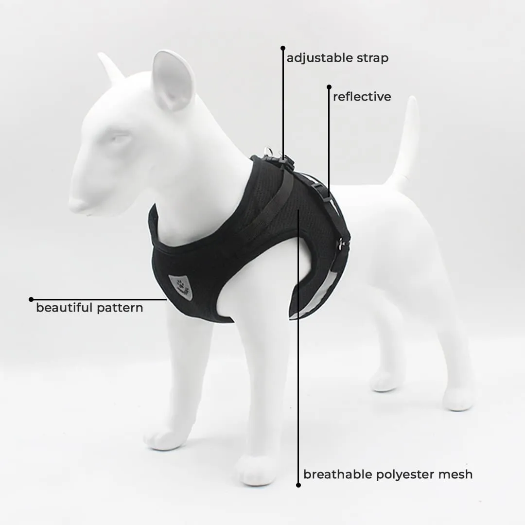 Kuber Industries Reflective Dog Harness with Adjustable Leash|Breathable Polyester Mesh Fabric |Medium Size|HT-844|Comfortable No-Pull Grip|Quick Release Buckles|Easy On-Off Harness|Black (Pack of 6)