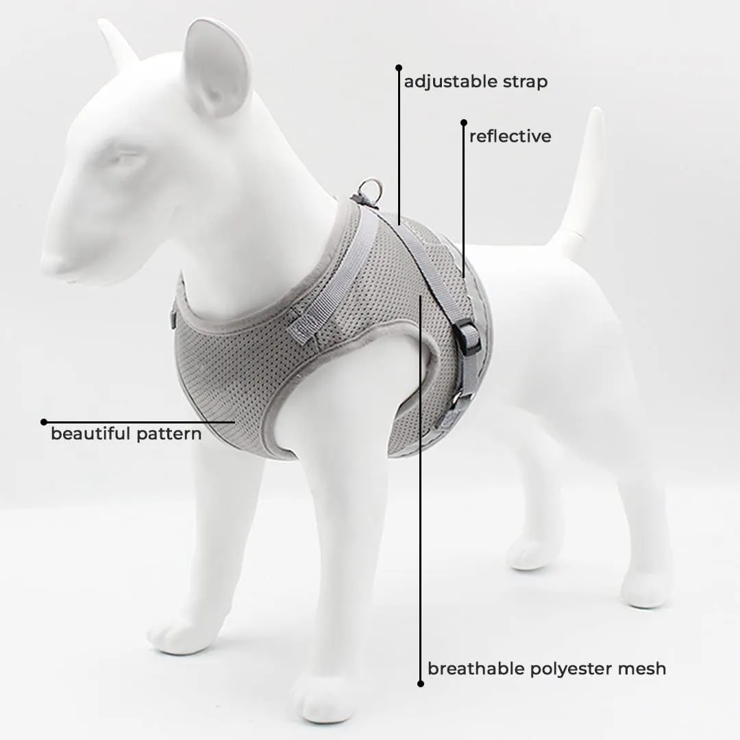 Kuber Industries Reflective Dog Harness with Adjustable Leash|Breathable Polyester Mesh Fabric |Medium Size|HT-844|Comfortable No-Pull Grip|Quick Release Buckles|Easy On-Off Harness|Grey (Pack of 6)