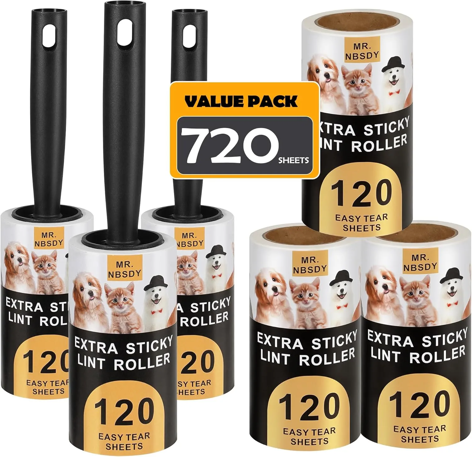 Lint Rollers for Pet Hair Extra Sticky, 720 Sheets Value Set Lint Roller with 3 Upgraded Handles, 6 Rollers Portable Pet Lint Remover for Clothes, Furniture, Carpet, Dog & Cat Hair Removal