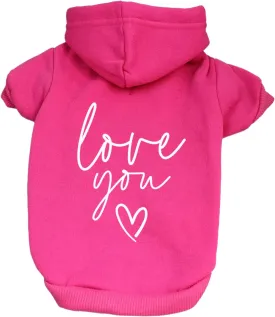 Love You Valentine's Day Dog Hoodie Fleece Lined Pullover Sweatshirt with Leash Hole (Hot Pink, Small 981)