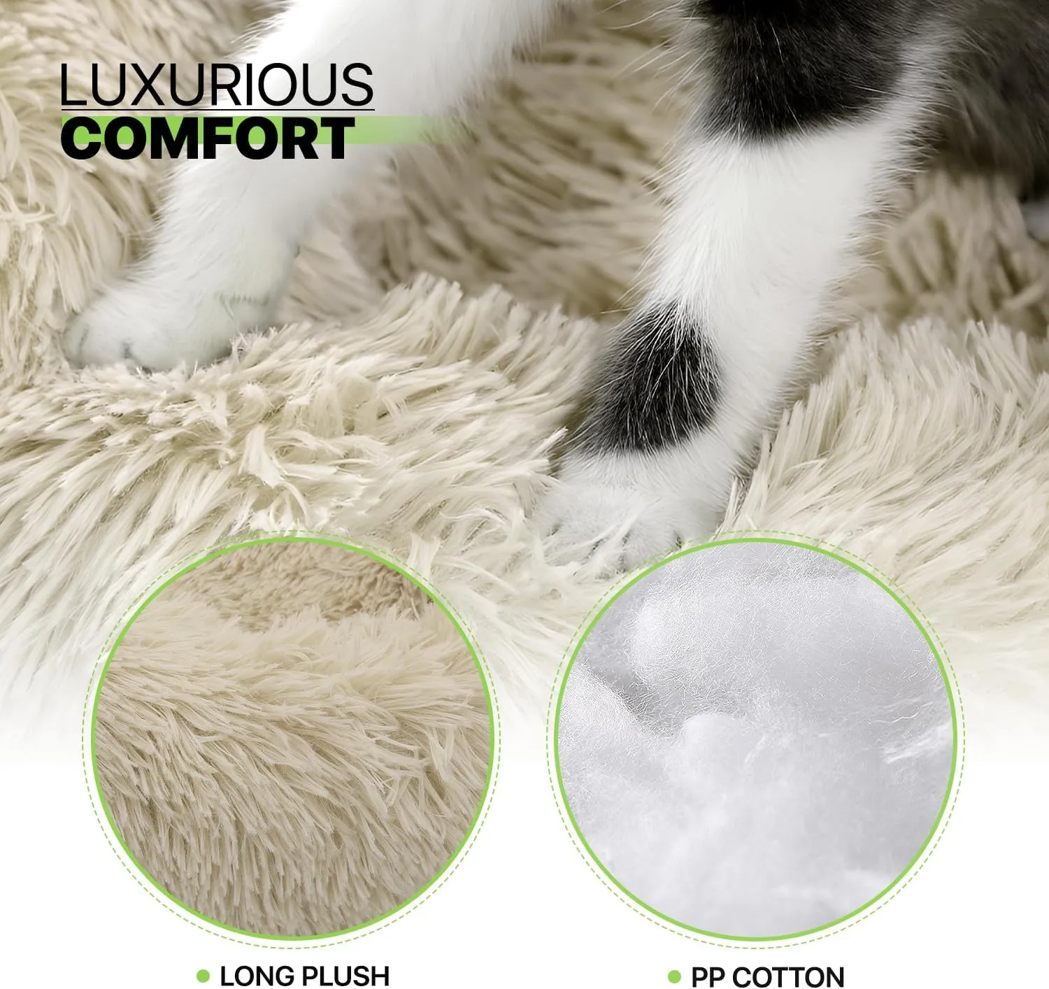 Magshion Long Plush Calming Dog Beds for Small Dogs, Comfy Cuddler Donut Cat Beds for Indoor Cats, Machine Washable & Non-Slip Bottom, 24" Diameter Fits up to 25 lbs Pets, Beige