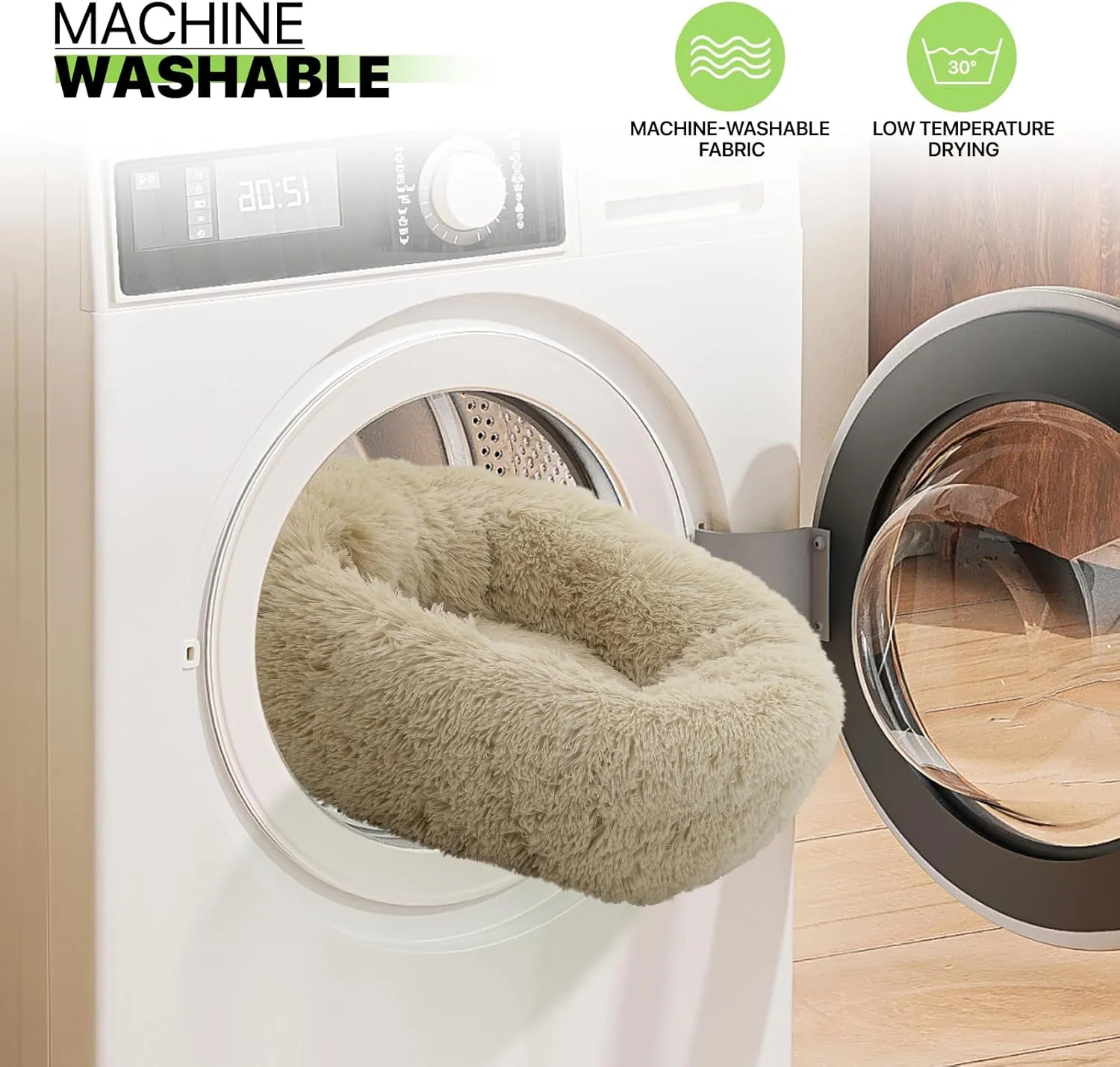 Magshion Long Plush Calming Dog Beds for Small Dogs, Comfy Cuddler Donut Cat Beds for Indoor Cats, Machine Washable & Non-Slip Bottom, 24" Diameter Fits up to 25 lbs Pets, Beige