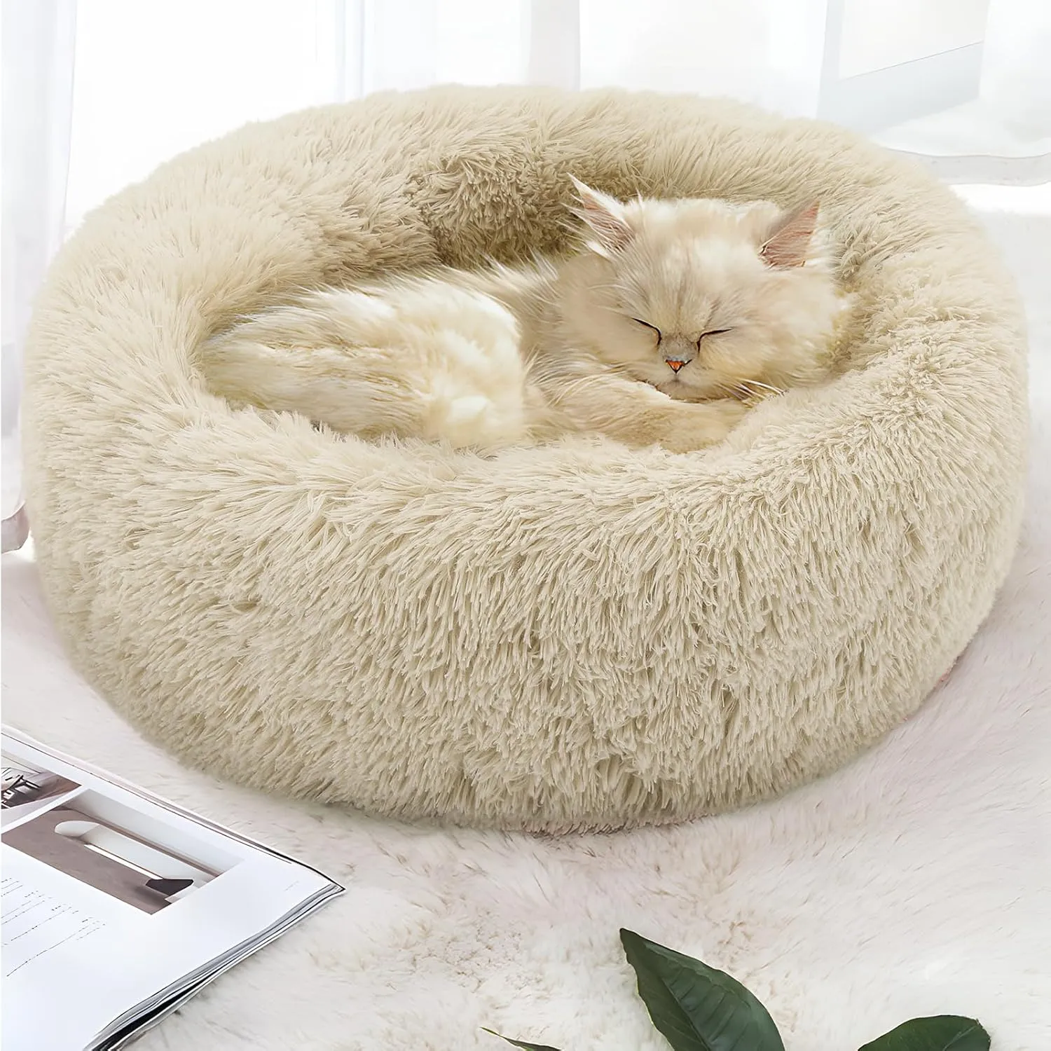 Magshion Long Plush Calming Dog Beds for Small Dogs, Comfy Cuddler Donut Cat Beds for Indoor Cats, Machine Washable & Non-Slip Bottom, 24" Diameter Fits up to 25 lbs Pets, Beige