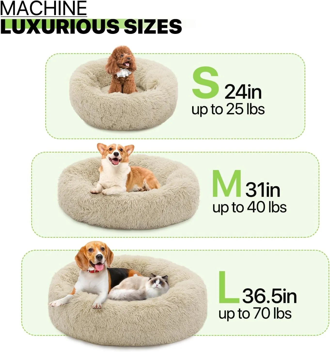Magshion Long Plush Calming Dog Beds for Small Dogs, Comfy Cuddler Donut Cat Beds for Indoor Cats, Machine Washable & Non-Slip Bottom, 24" Diameter Fits up to 25 lbs Pets, Beige