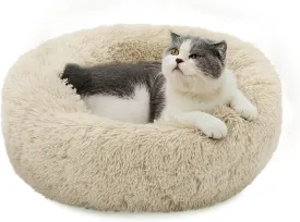 Magshion Long Plush Calming Dog Beds for Small Dogs, Comfy Cuddler Donut Cat Beds for Indoor Cats, Machine Washable & Non-Slip Bottom, 24" Diameter Fits up to 25 lbs Pets, Beige