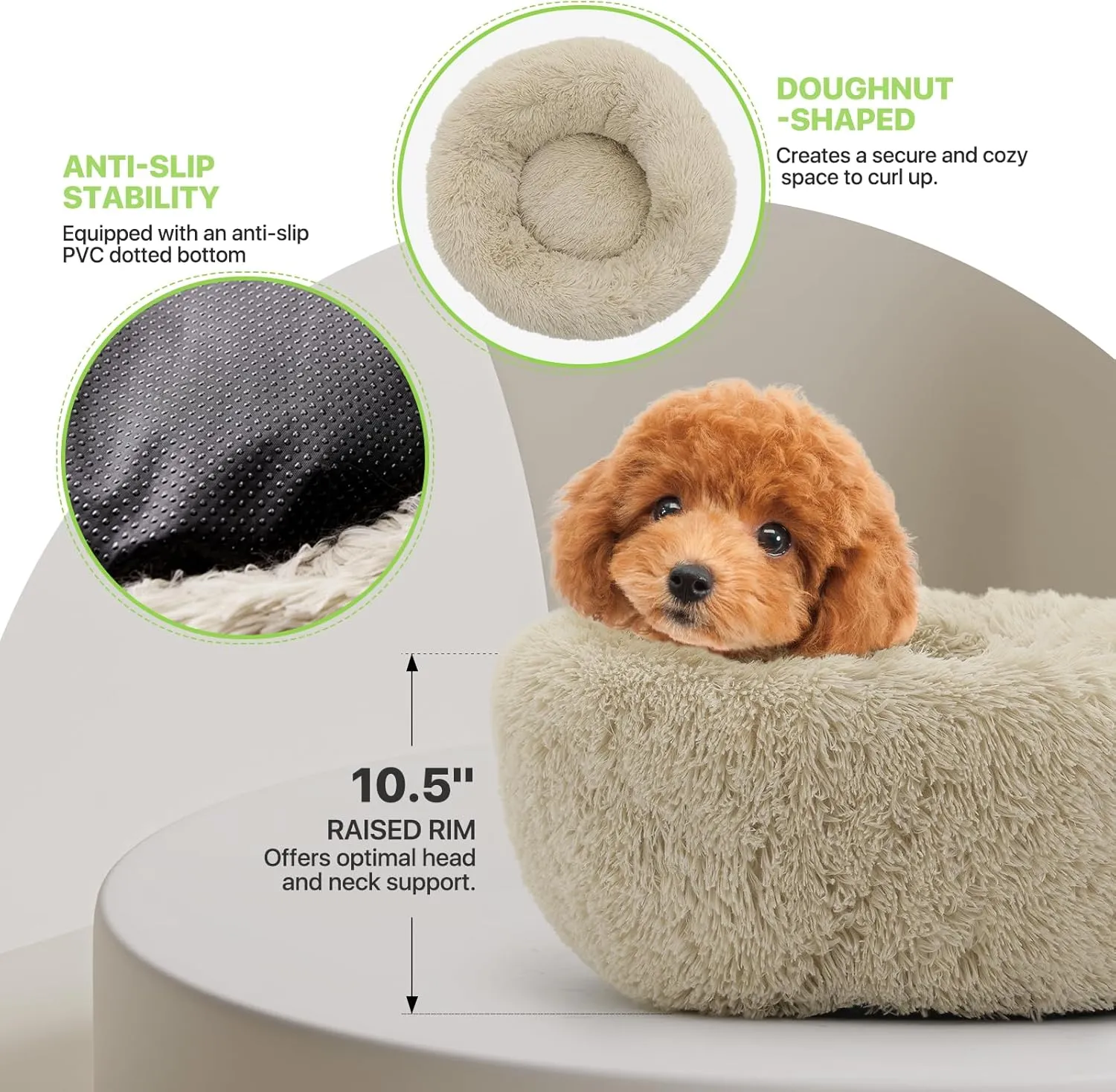 Magshion Long Plush Calming Dog Beds for Small Dogs, Comfy Cuddler Donut Cat Beds for Indoor Cats, Machine Washable & Non-Slip Bottom, 24" Diameter Fits up to 25 lbs Pets, Beige