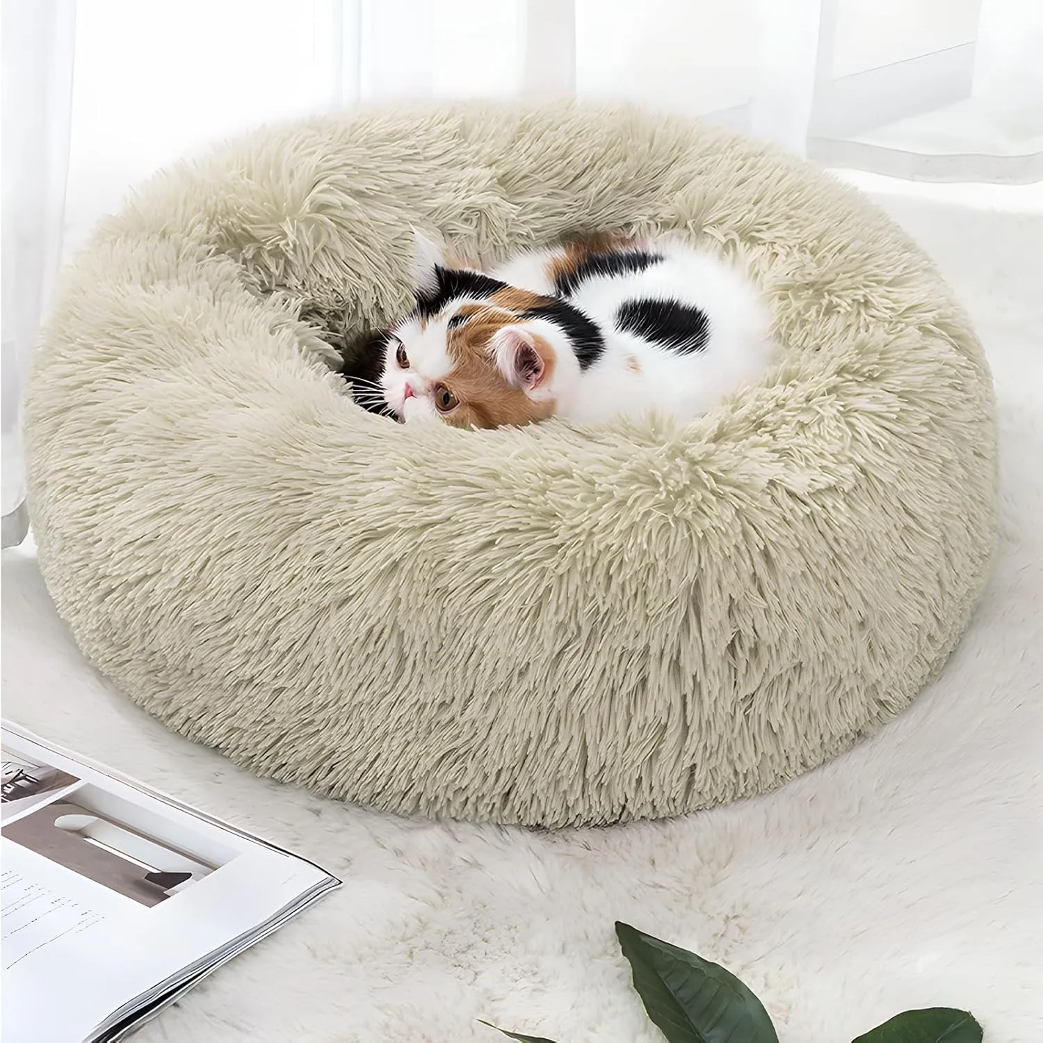 Magshion Long Plush Calming Dog Beds for Small Dogs, Comfy Cuddler Donut Cat Beds for Indoor Cats, Machine Washable & Non-Slip Bottom, 24" Diameter Fits up to 25 lbs Pets, Beige