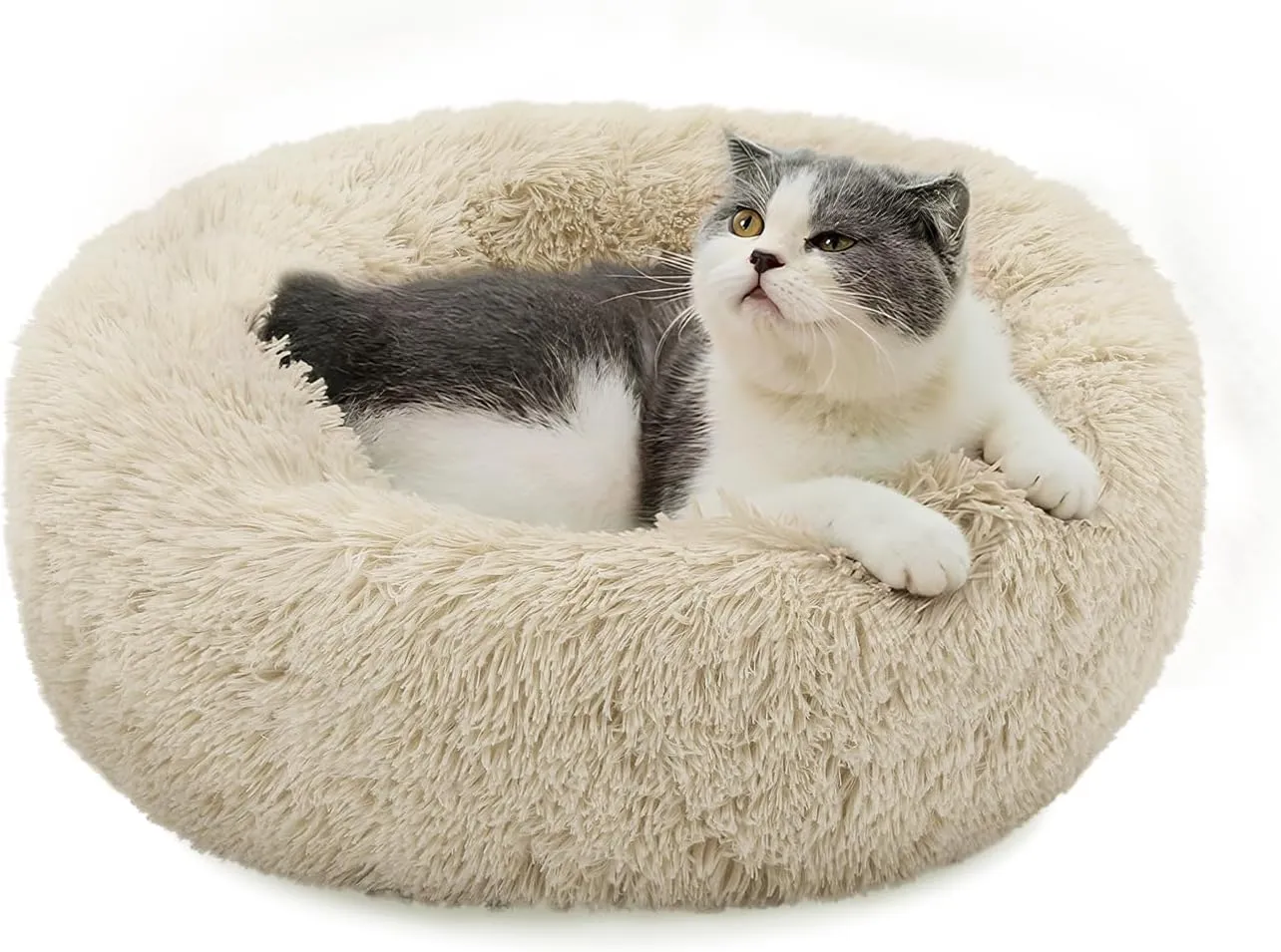 Magshion Long Plush Calming Dog Beds for Small Dogs, Comfy Cuddler Donut Cat Beds for Indoor Cats, Machine Washable & Non-Slip Bottom, 24" Diameter Fits up to 25 lbs Pets, Beige