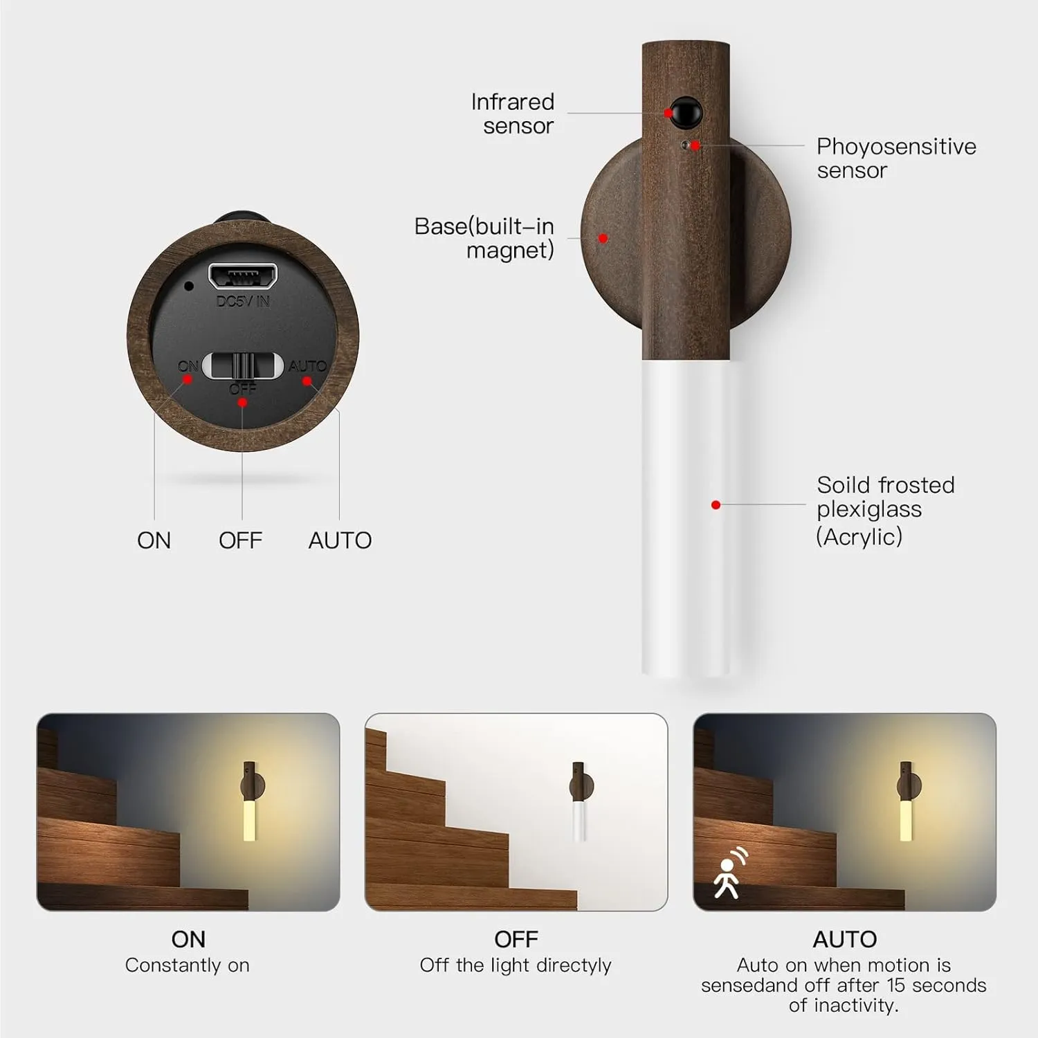 Miebul Motion Sensor Light Indoor, Magnetic LED Wall Lights Rechargeable Motion Sensor Night Light Wooden Wall Sconce for Bedroom Corridor Staircase (Walnut Wood 2PCS)