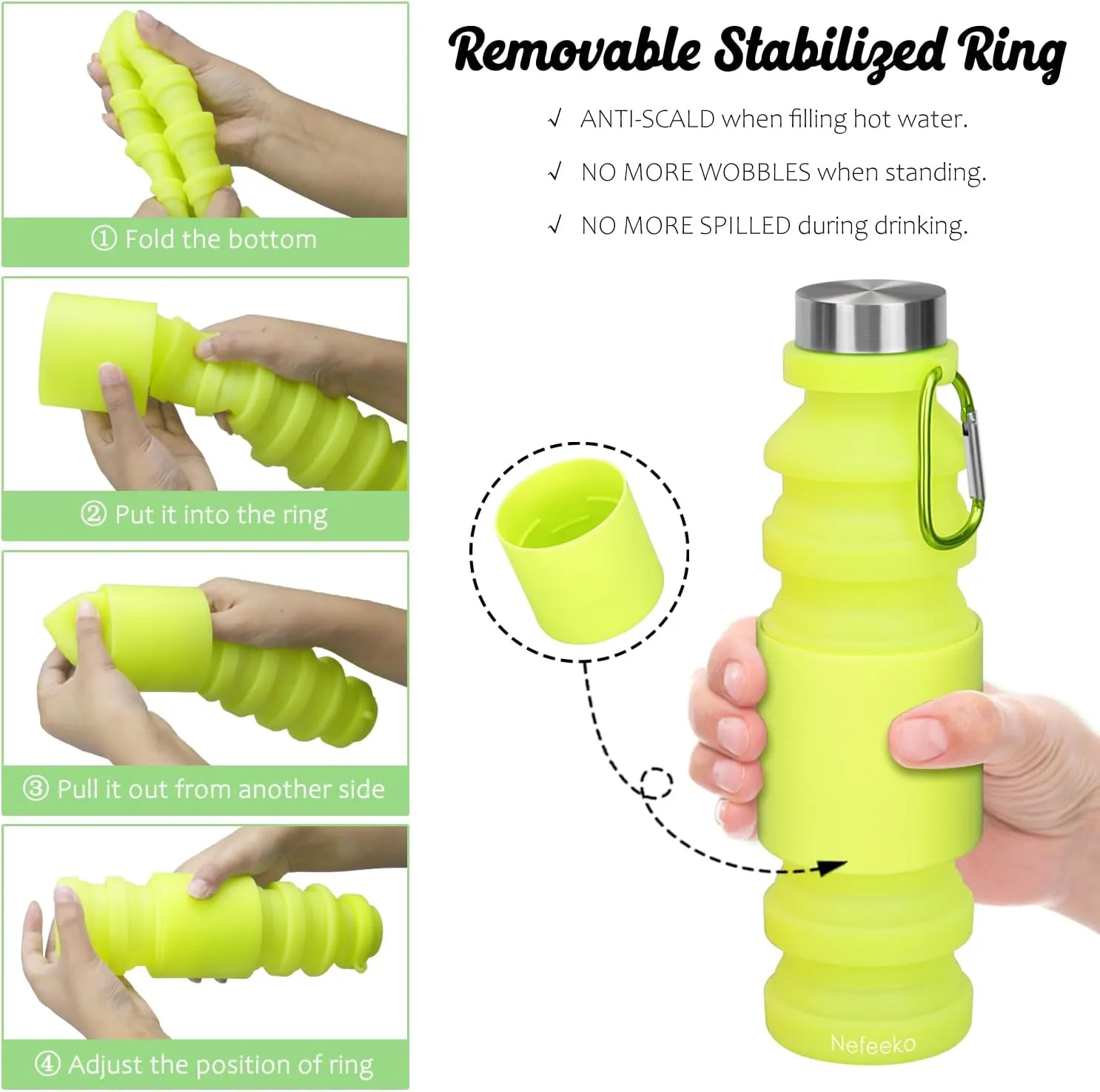 Nefeeko Collapsible Water Bottle, Reuseable BPA Free Silicone Foldable Water Bottles for Travel Gym Camping Hiking, Portable Leak Proof Sports Water Bottle with Carabiner