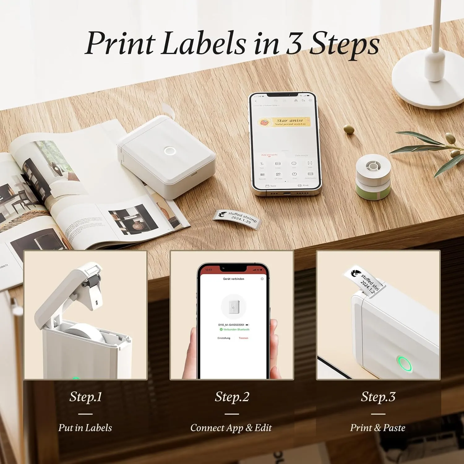 NIIMBOT D110 Mini Label Maker Machine with Tape (3 Rolls), Portable Bluetooth Inkless Sticker Printer, Automatic Feeding and Rewind One-Touch Custom Printing, Compatible with Phone Only, Small, White