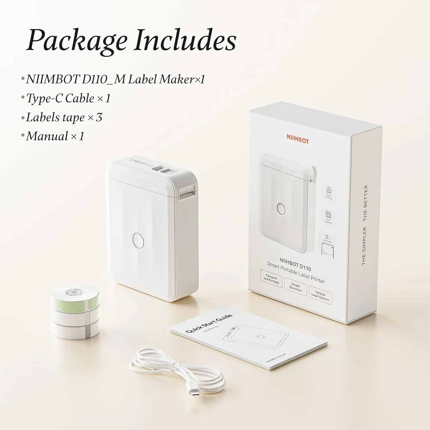 NIIMBOT D110 Mini Label Maker Machine with Tape (3 Rolls), Portable Bluetooth Inkless Sticker Printer, Automatic Feeding and Rewind One-Touch Custom Printing, Compatible with Phone Only, Small, White