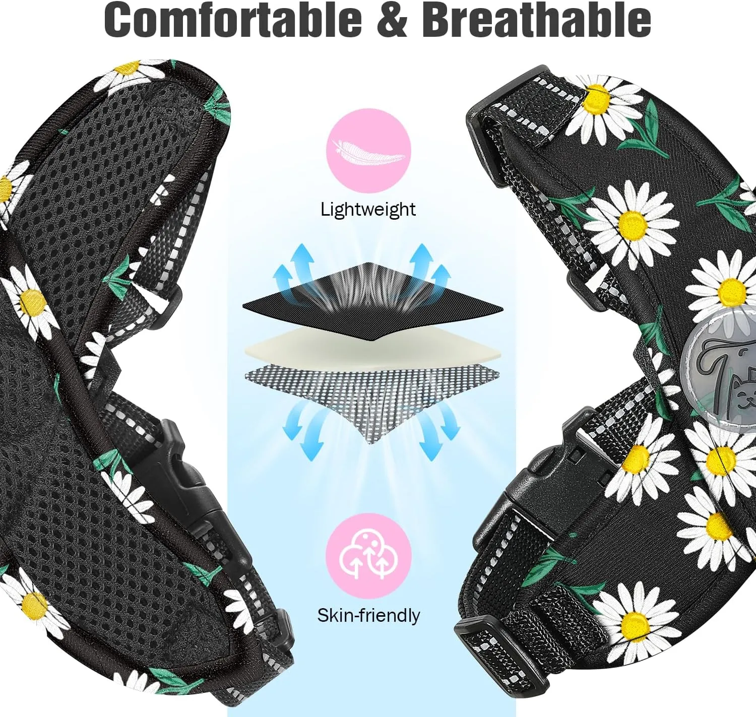 Pawaboo Small Dog Harness and Leash Set, Puppy Harness X-Frame No Pull No Choke, Dog Vest Harness Adjustable for Small Medium Sized Dogs,Soft Breathable Pet Harness for Walking Outing, S, Black Daisy