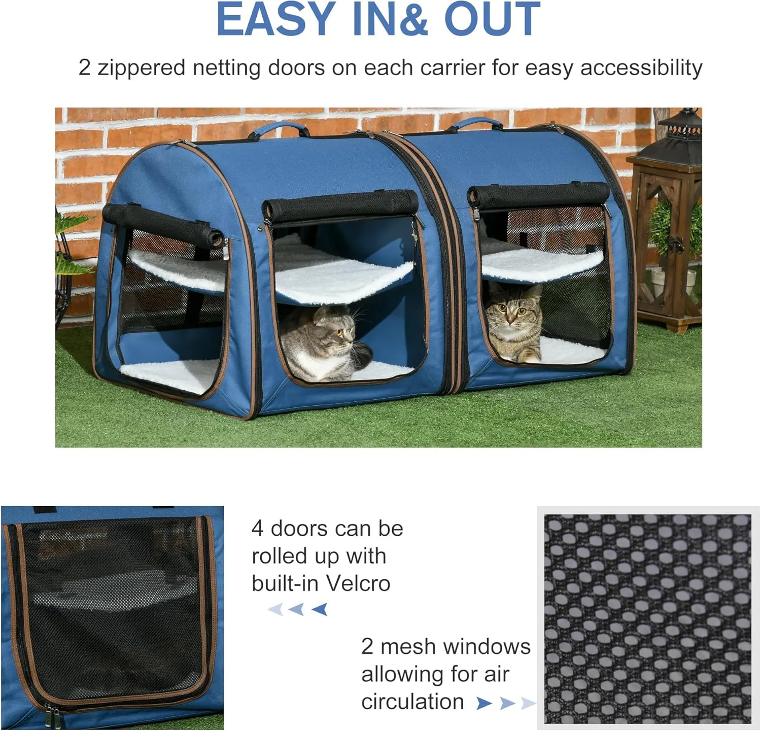 PawHut 39" Portable Soft-Sided Cat Carrier, Cat Kennel, Travel Dog Crate with Divider, Two Compartments, Soft Cushions & Storage Bag, Easy to Fold, Blue