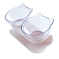 PAWS ASIA Suppliers Pet Transparent Raised 15 Degree Tilted Plastic Double Feeding Cat Bowl Dog