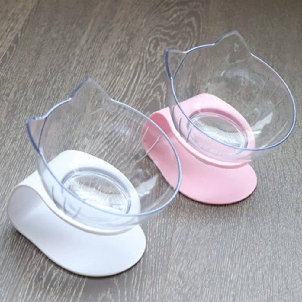 PAWS ASIA Suppliers Pet Transparent Raised 15 Degree Tilted Plastic Double Feeding Cat Bowl Dog
