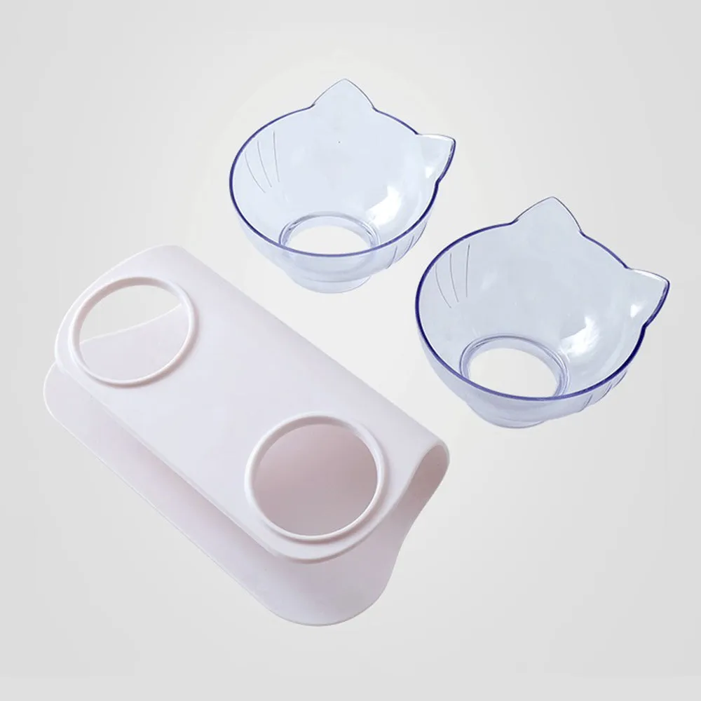 PAWS ASIA Suppliers Pet Transparent Raised 15 Degree Tilted Plastic Double Feeding Cat Bowl Dog