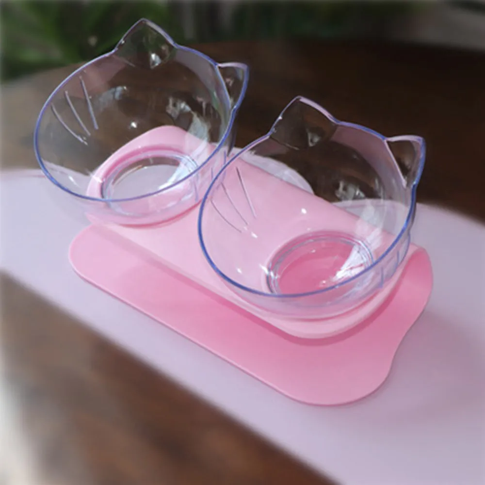 PAWS ASIA Suppliers Pet Transparent Raised 15 Degree Tilted Plastic Double Feeding Cat Bowl Dog