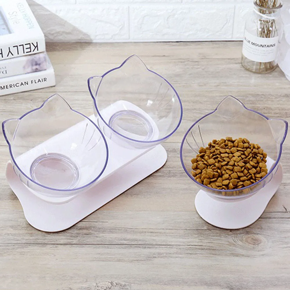 PAWS ASIA Suppliers Pet Transparent Raised 15 Degree Tilted Plastic Double Feeding Cat Bowl Dog
