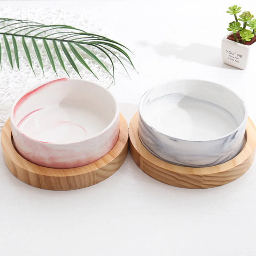 PAWS ASIA Wholesale Luxury White Glossy Ceramic Double Feeding Dog Cat Bowl With Wooden Base