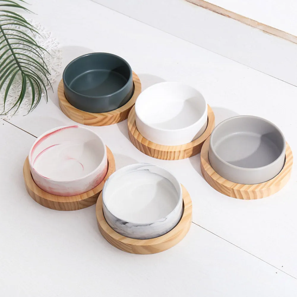 PAWS ASIA Wholesale Luxury White Glossy Ceramic Double Feeding Dog Cat Bowl With Wooden Base