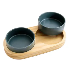 PAWS ASIA Wholesale Luxury White Glossy Ceramic Double Feeding Dog Cat Bowl With Wooden Base