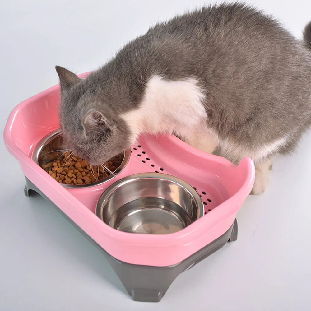 PAWS ASIA Wholesale New Spill Proof Stainless Steel Elevated Double Dog Bowl With Holder Cat Feeder