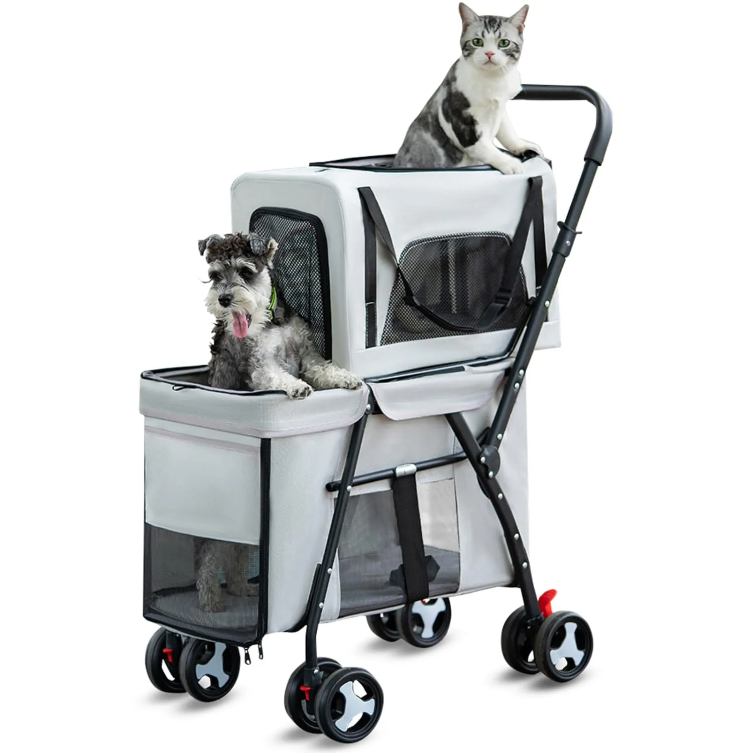 Pet Stroller Double Deck 4 Wheels - Easy-Fold Dog Cat Stroller for Small Medium Dog Cats Carrier, Travel Folding Carrier Breathable and Visible Mesh with Cup HolderGray
