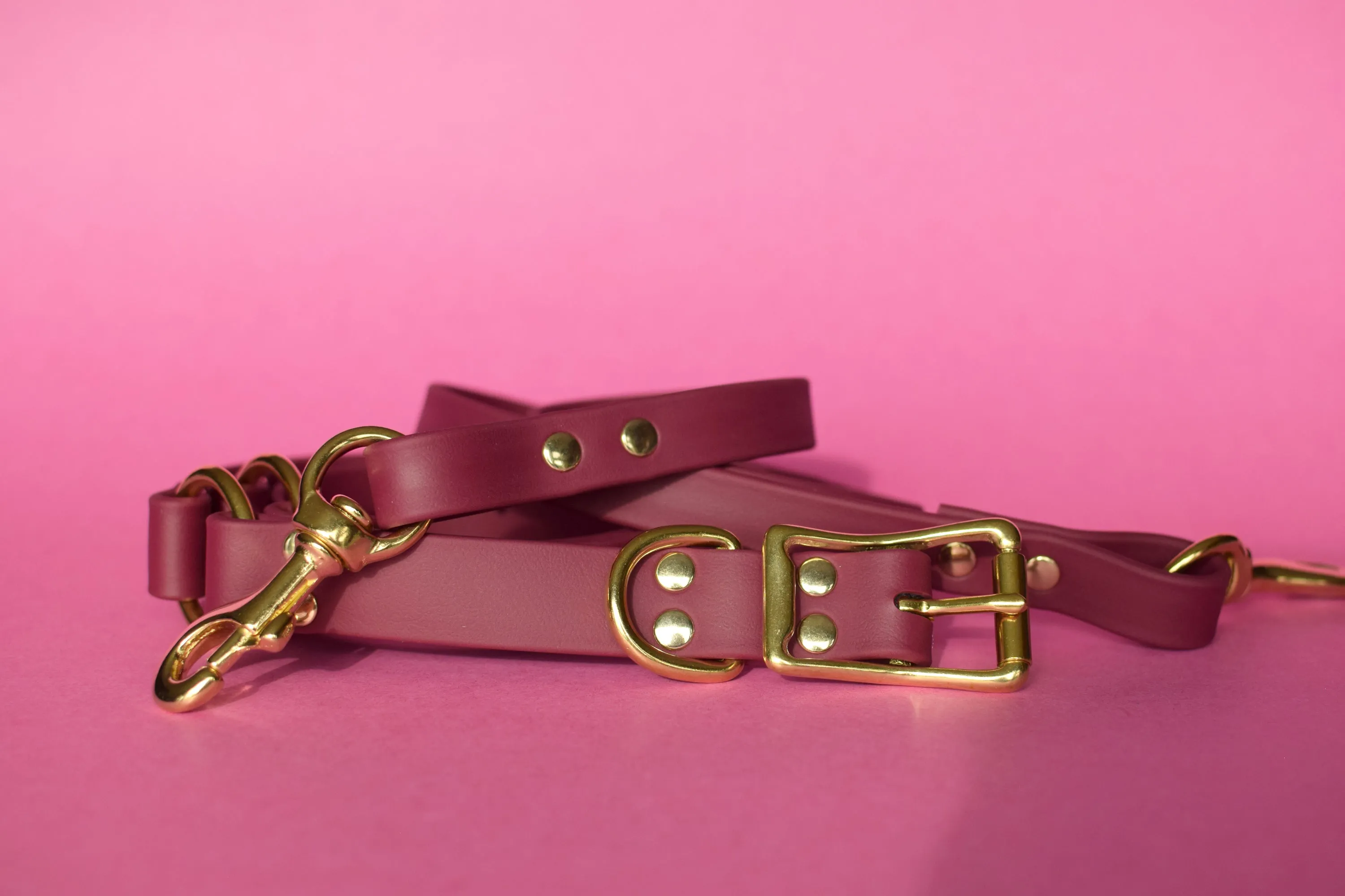 PREMADE COLLECTION - Burgundy Wine & Brass Convertible Biothane Hands-Free Waist Leash