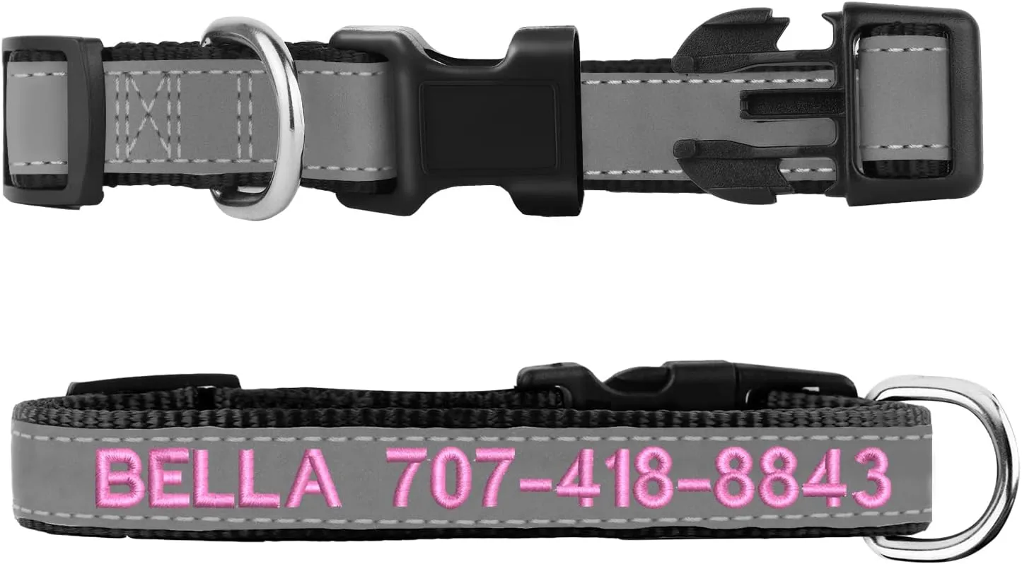 Reflective Personalized Dog Collar - Custom Embroidered Dog Collars with Pet Name and Phone Number for Boy and Girl Dogs, 4 Adjustable Sizes, XSmall,Small, Medium and Large