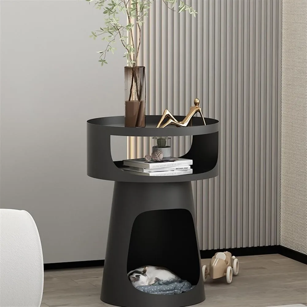 Side End Table Creative Metal Round Side Table Double-Layer Coffee Table, Balcony Sofa Table, Bedroom Nightstand, Pet Bed for Cats Accent Coffee Table for Living Room Bedroom Office(Black)