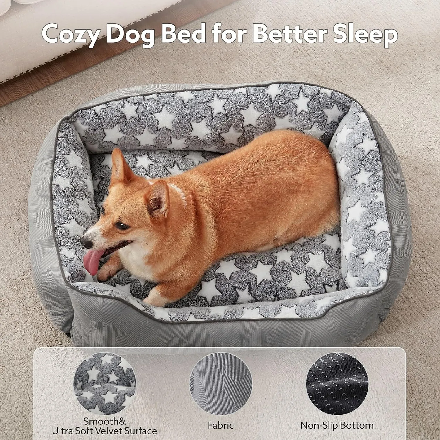 SIWA MARY Rectangle Dog Bed for Small Medium Dogs, Calming Dog Bed Small Size Dog, Orthopedic Dogs Sofa Bed, Washable Soft Calming Sleeping Soft Puppy Bed, Anti-Slip Bottom, Grey, S (20"x 19"x 6")