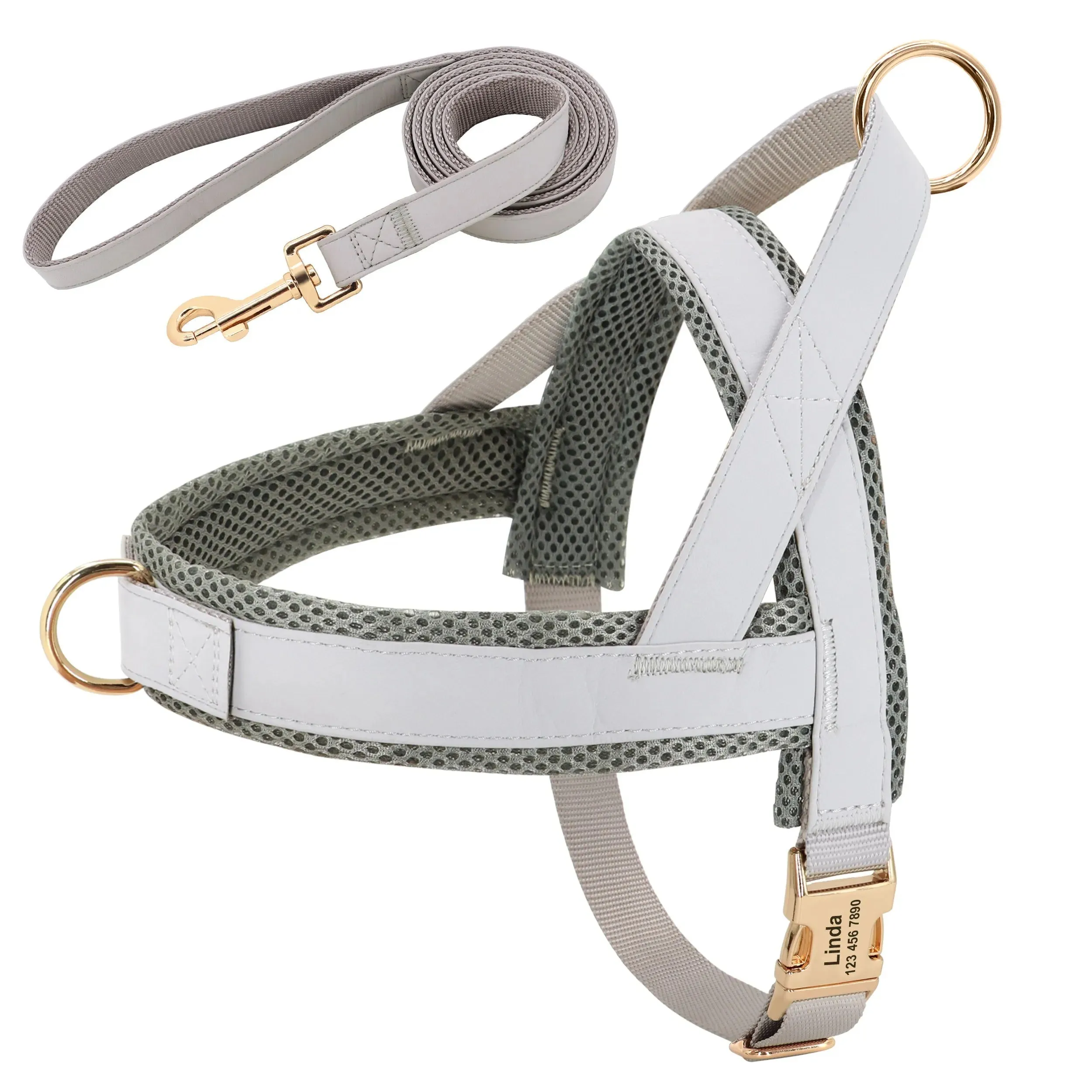 Tailored Nylon-Leather Harness and Leash Set with Personalized Engraving